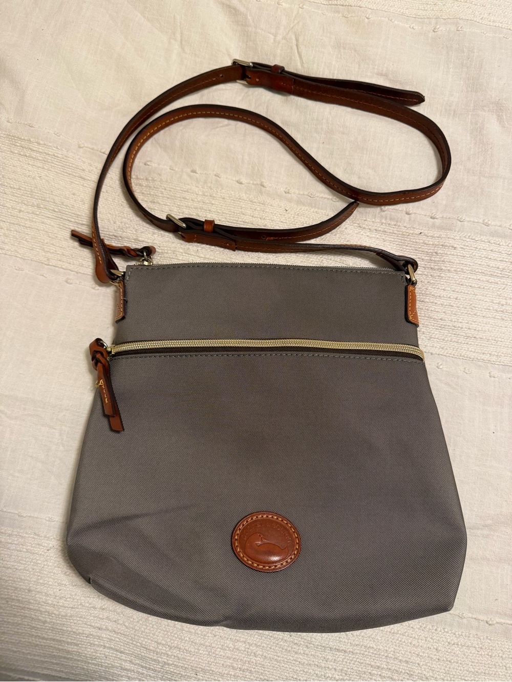 Dooney & Bourke Gray Crossbody with Brown Leather Trim and Strap